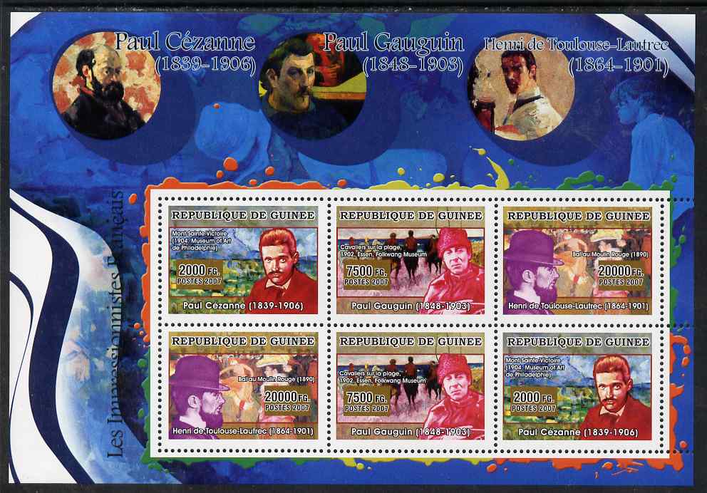 Guinea - Conakry 2007 French Impressionists #2 perf sheetlet containing 6 values (2 sets of 3) unmounted mint, stamps on , stamps on  stamps on arts, stamps on  stamps on personalities, stamps on  stamps on cezanne, stamps on  stamps on gauguin, stamps on  stamps on toulouse-lautrec