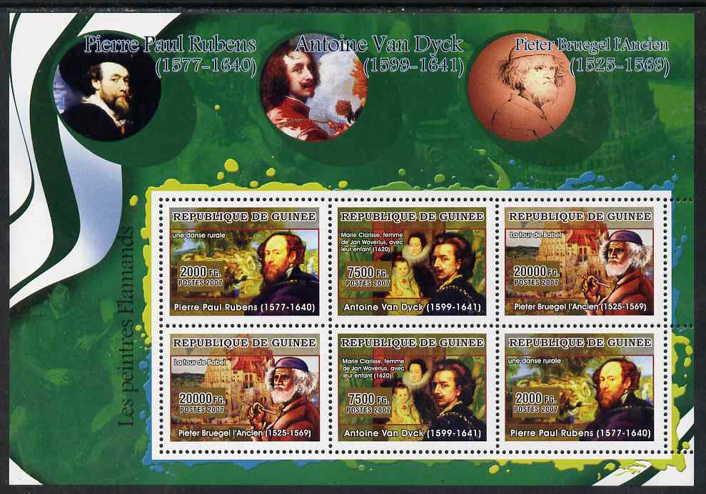 Guinea - Conakry 2007 Flemish Painters perf sheetlet containing 6 values (2 sets of 3) unmounted mint, stamps on arts, stamps on personalities, stamps on rubens, stamps on van dyck, stamps on bruegel