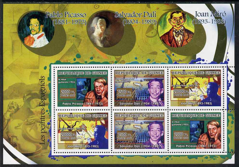 Guinea - Conakry 2007 Spanish Painters perf sheetlet containing 6 values (2 sets of 3) unmounted mint, stamps on arts, stamps on personalities, stamps on picasso, stamps on dali, stamps on miro