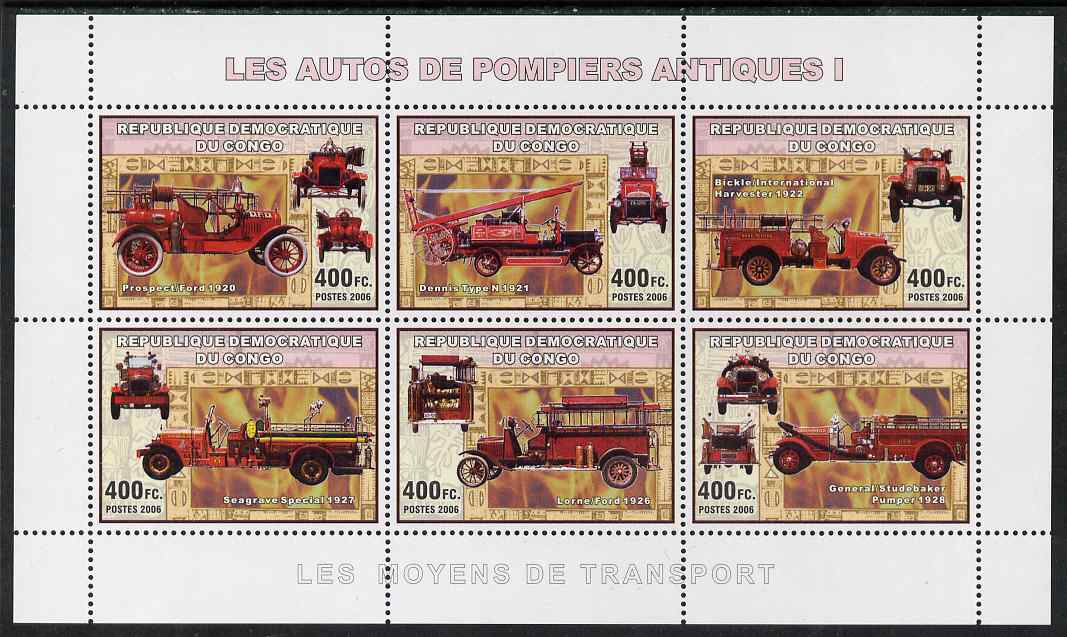 Congo 2006 Transport - Early Fire Engines perf sheetlet containing 6 values unmounted mint, stamps on , stamps on  stamps on transport, stamps on  stamps on fire