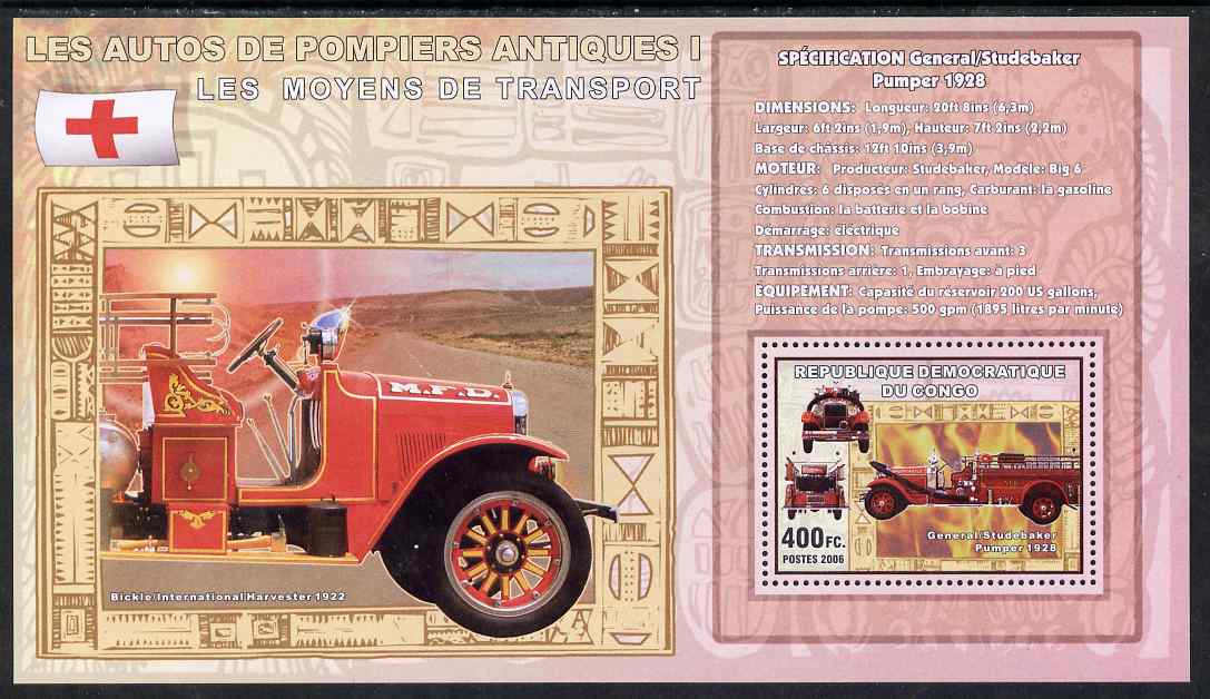 Congo 2006 Transport - Early Fire Engines (General-Sudebaker & Bickle) perf souvenir sheet unmounted mint, stamps on transport, stamps on fire