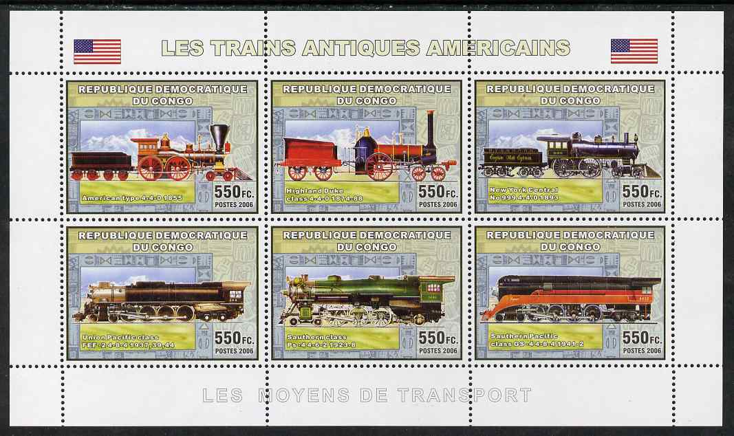 Congo 2006 Transport - American Steam Locos perf sheetlet containing 6 values unmounted mint, stamps on , stamps on  stamps on transport, stamps on  stamps on railways, stamps on  stamps on americana