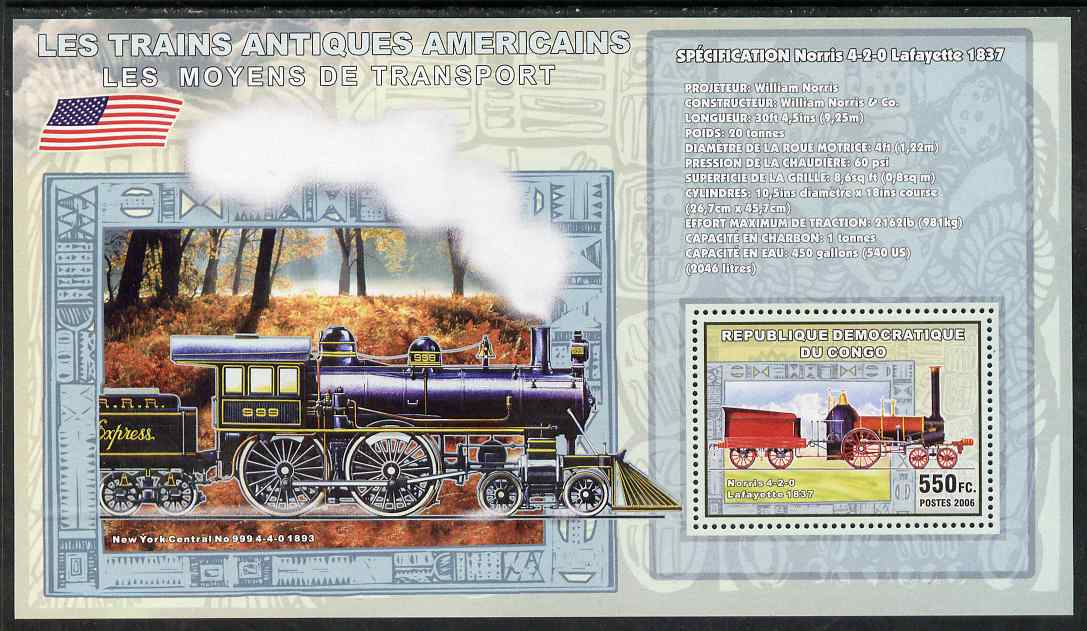 Congo 2006 Transport - American Steam Locos (Norris 4-2-0 & New York Central 4-4-0) perf souvenir sheet unmounted mint, stamps on , stamps on  stamps on transport, stamps on  stamps on railways, stamps on  stamps on americana