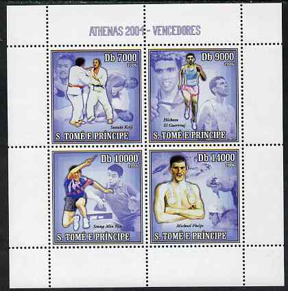 St Thomas & Prince Islands 2006 Athens Olympic Games Winners perf sheetlet containing 4 values unmounted mint, Mi 2729-32, stamps on , stamps on  stamps on olympics, stamps on  stamps on judo, stamps on  stamps on running, stamps on  stamps on swimming, stamps on  stamps on table tennis, stamps on  stamps on martial arts, stamps on  stamps on 