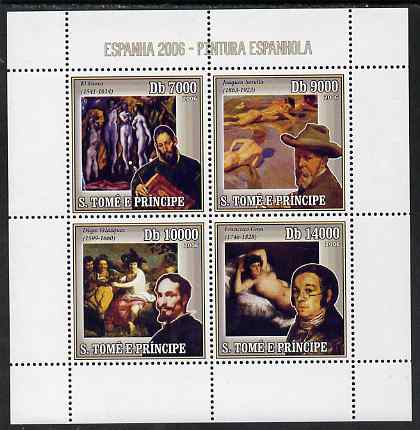 St Thomas & Prince Islands 2006 Spanish Painters perf sheetlet containing 4 values unmounted mint, Mi 2709-12, stamps on , stamps on  stamps on arts, stamps on  stamps on personalities, stamps on  stamps on el greco, stamps on  stamps on  sorrolla, stamps on  stamps on velasquez, stamps on  stamps on goya, stamps on  stamps on nudes