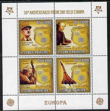 St Thomas & Prince Islands 2006 50th Anniversary of First Europa Stamp perf sheetlet containing 4 values unmounted mint, Mi 2749-52, stamps on stamp centenary, stamps on europa, stamps on de gaulle, stamps on personalities, stamps on mozart, stamps on music, stamps on composers, stamps on masonics, stamps on masonry, stamps on pope, stamps on concorde