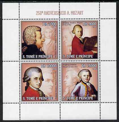 St Thomas & Prince Islands 2006 250th Anniversary of Mozart perf sheetlet containing 4 values unmounted mint, Mi 2714-17, stamps on , stamps on  stamps on personalities, stamps on  stamps on mozart, stamps on  stamps on music, stamps on  stamps on composers, stamps on  stamps on masonics, stamps on  stamps on masonry