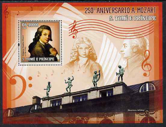 St Thomas & Prince Islands 2006 250th Anniversary of Mozart perf souvenir sheet unmounted mint, Mi BL 531, stamps on personalities, stamps on mozart, stamps on music, stamps on composers, stamps on masonics, stamps on masonry