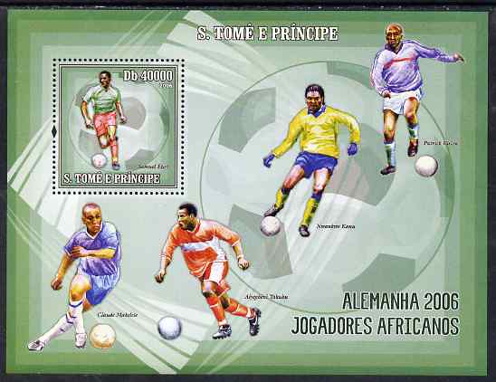 St Thomas & Prince Islands 2006 Football World Cup - African Players perf souvenir sheet unmounted mint, Mi BL 536, stamps on football