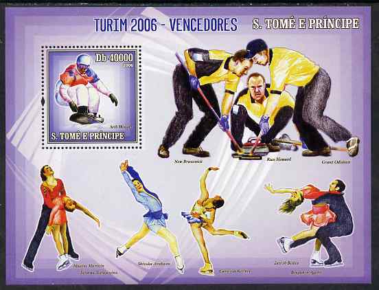 St Thomas & Prince Islands 2006 Turin Winter Olympic Games Winners perf souvenir sheet unmounted mint, Mi BL 535, stamps on olympics, stamps on ice skating, stamps on ice dancing, stamps on snow boarding, stamps on curling, stamps on scots, stamps on scotland