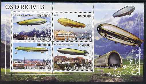 St Thomas & Prince Islands 2008 Airships perf sheetlet containing 4 values unmounted mint, stamps on aviation, stamps on airships, stamps on zeppelins