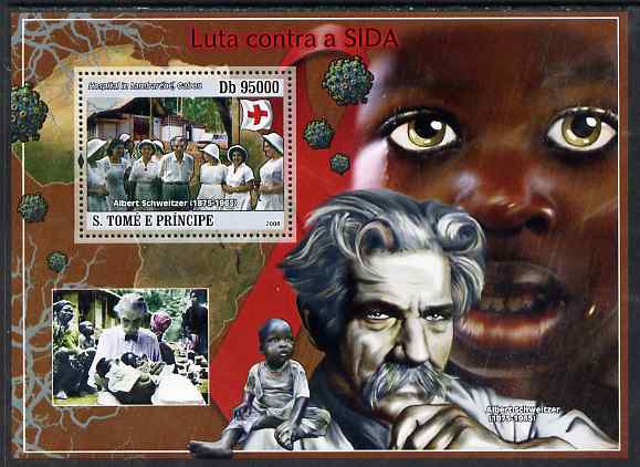 St Thomas & Prince Islands 2008 First Aid & Medical (Albert Schweitzer) perf souvenir sheet unmounted mint, stamps on , stamps on  stamps on personalities, stamps on  stamps on medical, stamps on  stamps on vaccines, stamps on  stamps on diseases, stamps on  stamps on red cross