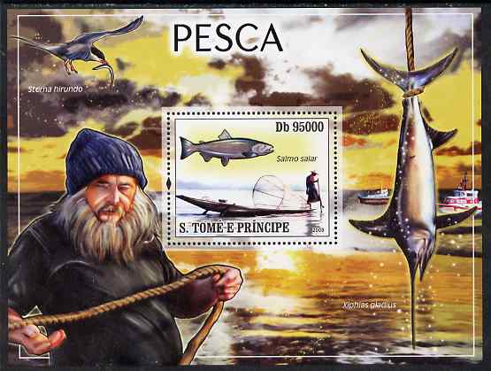 St Thomas & Prince Islands 2008 Fishing perf souvenir sheet unmounted mint, stamps on fish, stamps on fishing, stamps on sail fish