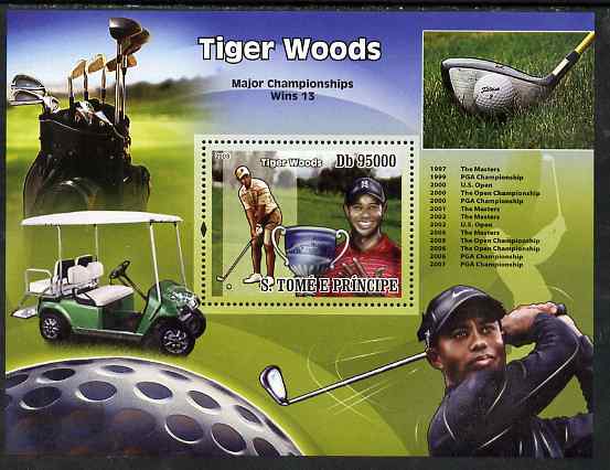 St Thomas & Prince Islands 2008 Golf (Tiger Woods) perf souvenir sheet unmounted mint, stamps on , stamps on  stamps on sport, stamps on  stamps on golf