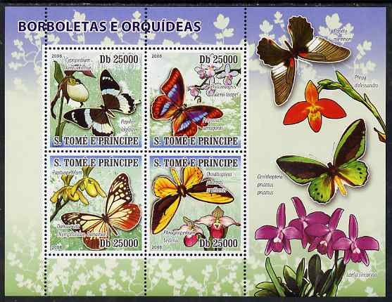 St Thomas & Prince Islands 2008 Butterflies & Orchids perf sheetlet containing 4 values unmounted mint, stamps on butterflies, stamps on orchids, stamps on flowers