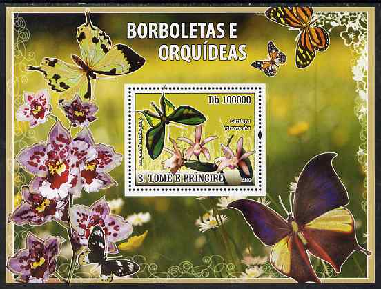 St Thomas & Prince Islands 2008 Butterflies & Orchids perf souvenir sheet unmounted mint, stamps on , stamps on  stamps on butterflies, stamps on  stamps on orchids, stamps on  stamps on flowers