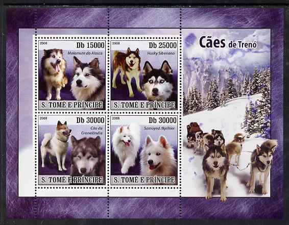 St Thomas & Prince Islands 2008 Sledge Dogs perf sheetlet containing 4 values unmounted mint, stamps on dogs, stamps on polar