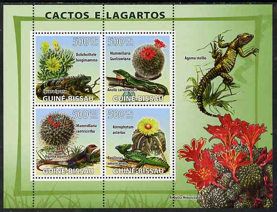Guinea - Bissau 2008 Cacti & Lizards perf sheetlet containing 4 values unmounted mint, stamps on flowers, stamps on cacti, stamps on reptiles, stamps on lizards