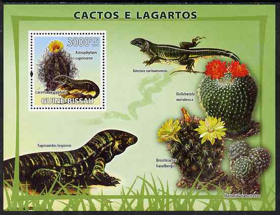 Guinea - Bissau 2008 Cacti & Lizards perf souvenir sheet unmounted mint, stamps on flowers, stamps on cacti, stamps on reptiles, stamps on lizards