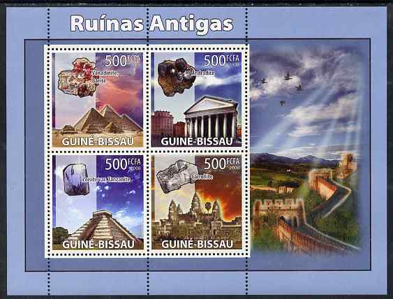 Guinea - Bissau 2008 Ancient Buildings & Minerals perf sheetlet containing 4 values unmounted mint, stamps on monuments, stamps on egyptology, stamps on minerals