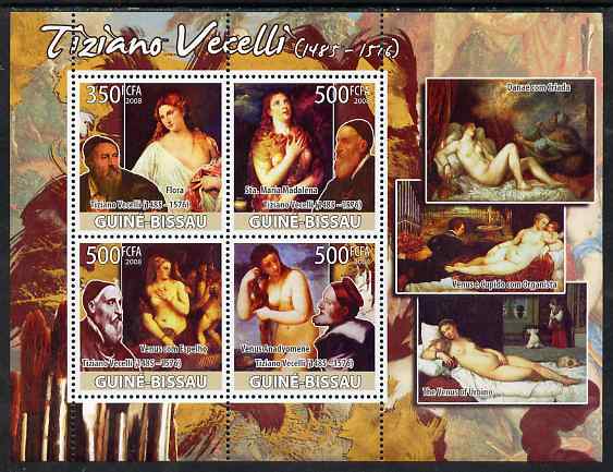 Guinea - Bissau 2008 Nude paintings by Tiziano Vecelli perf sheetlet containing 4 values unmounted mint, stamps on arts, stamps on nudes