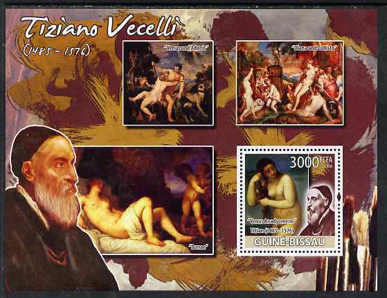 Guinea - Bissau 2008 Nude paintings by Tiziano Vecelli perf souvenir sheet unmounted mint, stamps on , stamps on  stamps on arts, stamps on  stamps on nudes