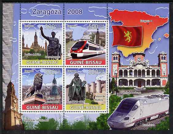 Guinea - Bissau 2008 Zaragoza 2008 perf sheetlet containing 4 values unmounted mint, stamps on tourism, stamps on railways, stamps on maps, stamps on statues