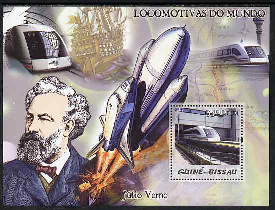 Guinea - Bissau 2005 Maglev Trains & Jules Verne perf s/sheet unmounted mint Mi BL 507, stamps on , stamps on  stamps on railways, stamps on  stamps on personalities, stamps on  stamps on literature, stamps on  stamps on sci-fi, stamps on  stamps on shuttle