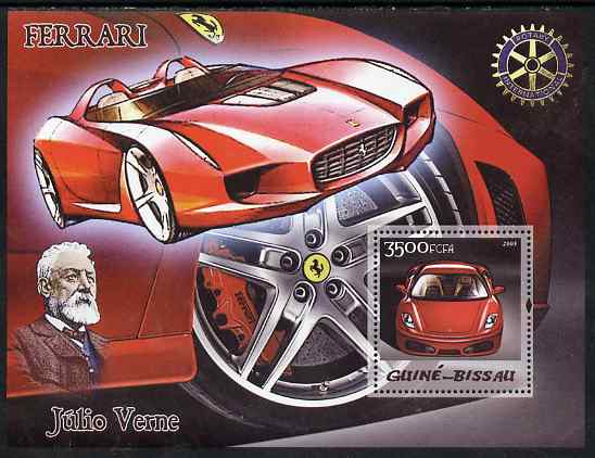 Guinea - Bissau 2005 Ferrari Cars & Jules Verne with Rotary Logo perf s/sheet unmounted mint Mi BL 515, stamps on , stamps on  stamps on cars, stamps on  stamps on personalities, stamps on  stamps on literature, stamps on  stamps on sci-fi, stamps on  stamps on ferraris, stamps on  stamps on rotary