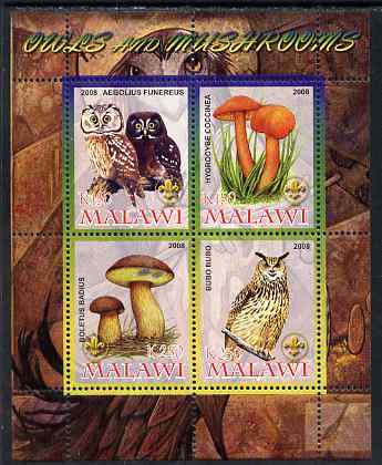 Malawi 2008 Owls & Mushrooms #1 perf sheetlet containing 4 values, each with Scout logo unmounted mint, stamps on , stamps on  stamps on fungi, stamps on  stamps on birds, stamps on  stamps on birds of prey, stamps on  stamps on owls, stamps on  stamps on scouts