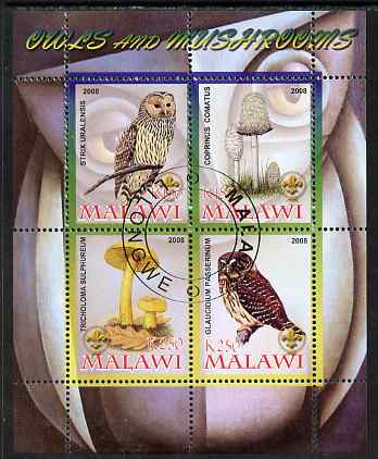 Malawi 2008 Owls & Mushrooms #2 perf sheetlet containing 4 values, each with Scout logo fine cto used, stamps on , stamps on  stamps on fungi, stamps on  stamps on birds, stamps on  stamps on birds of prey, stamps on  stamps on owls, stamps on  stamps on scouts