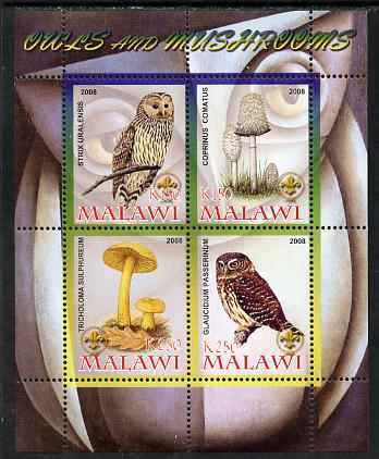 Malawi 2008 Owls & Mushrooms #2 perf sheetlet containing 4 values, each with Scout logo unmounted mint, stamps on , stamps on  stamps on fungi, stamps on  stamps on birds, stamps on  stamps on birds of prey, stamps on  stamps on owls, stamps on  stamps on scouts