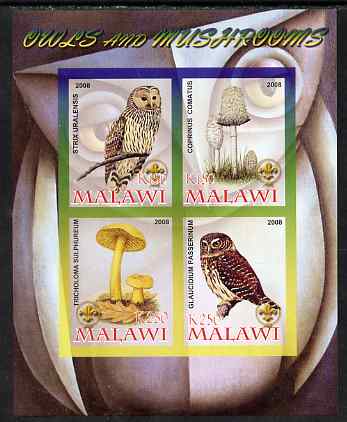 Malawi 2008 Owls & Mushrooms #2 imperf sheetlet containing 4 values, each with Scout logo unmounted mint, stamps on , stamps on  stamps on fungi, stamps on  stamps on birds, stamps on  stamps on birds of prey, stamps on  stamps on owls, stamps on  stamps on scouts