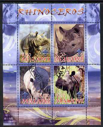 Malawi 2008 Rhinos perf sheetlet containing 4 values, each with Scout logo fine cto used, stamps on animals, stamps on rhinos, stamps on scouts