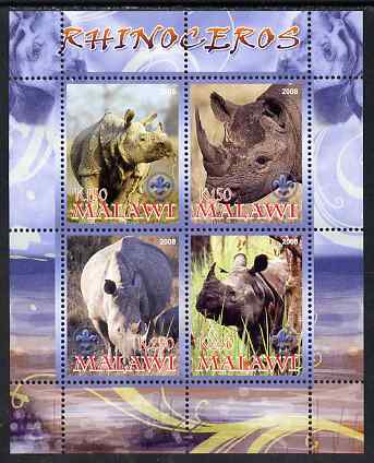 Malawi 2008 Rhinos perf sheetlet containing 4 values, each with Scout logo unmounted mint, stamps on , stamps on  stamps on animals, stamps on  stamps on rhinos, stamps on  stamps on scouts