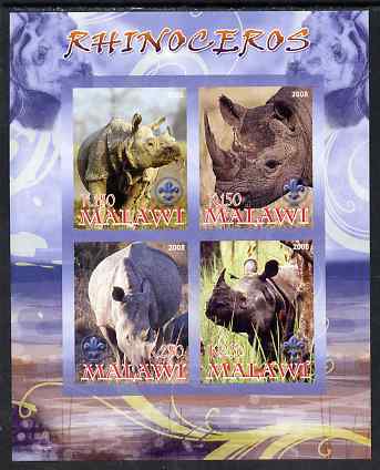 Malawi 2008 Rhinos imperf sheetlet containing 4 values, each with Scout logo unmounted mint, stamps on animals, stamps on rhinos, stamps on scouts