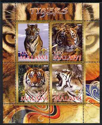 Malawi 2008 Tigers perf sheetlet containing 4 values, each with Scout logo unmounted mint, stamps on , stamps on  stamps on animals, stamps on  stamps on tigers, stamps on  stamps on cats, stamps on  stamps on scouts