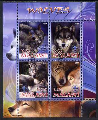 Malawi 2008 Wolves perf sheetlet containing 4 values, each with Scout logo fine cto used, stamps on , stamps on  stamps on animals, stamps on  stamps on wolves, stamps on  stamps on dogs, stamps on  stamps on scouts