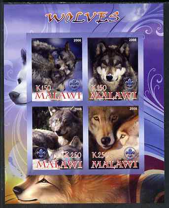 Malawi 2008 Wolves imperf sheetlet containing 4 values, each with Scout logo unmounted mint, stamps on animals, stamps on wolves, stamps on dogs, stamps on scouts