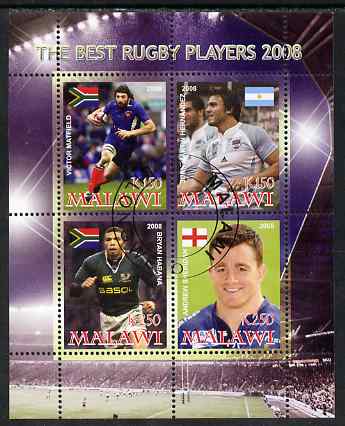 Malawi 2008 The Best Rugby Players perf sheetlet containing 4 values, fine cto used, stamps on sport, stamps on rugby, stamps on personalities