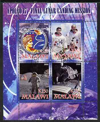 Malawi 2008 Apollo 17 perf sheetlet containing 4 values, fine cto used, stamps on , stamps on  stamps on space, stamps on  stamps on apollo