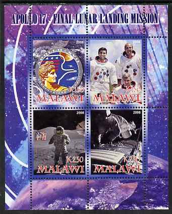 Malawi 2008 Apollo 17 perf sheetlet containing 4 values, unmounted mint, stamps on , stamps on  stamps on space, stamps on  stamps on apollo