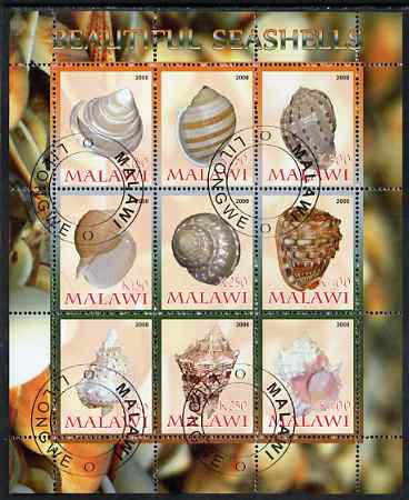 Malawi 2008 Sea Shells perf sheetlet containing 9 values fine cto used, stamps on shells, stamps on marine life