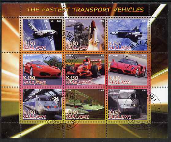 Malawi 2008 Fastest Transport Vehicles (Shuttle, Ferrari & TGV) perf sheetlet containing 9 values fine cto used, stamps on transport, stamps on aviation, stamps on shuttle, stamps on cars, stamps on ferrari, stamps on railways
