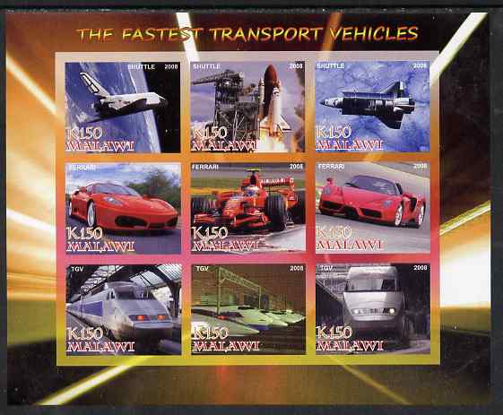 Malawi 2008 Fastest Transport Vehicles (Shuttle, Ferrari & TGV) imperf sheetlet containing 9 values unmounted mint, stamps on , stamps on  stamps on transport, stamps on  stamps on aviation, stamps on  stamps on shuttle, stamps on  stamps on cars, stamps on  stamps on ferrari, stamps on  stamps on railways