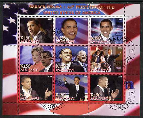 Malawi 2008 Barack Obama - 44th President of the USA perf sheetlet containing 9 values fine cto used, stamps on personalities, stamps on obama, stamps on usa presidents, stamps on constitutions, stamps on americana
