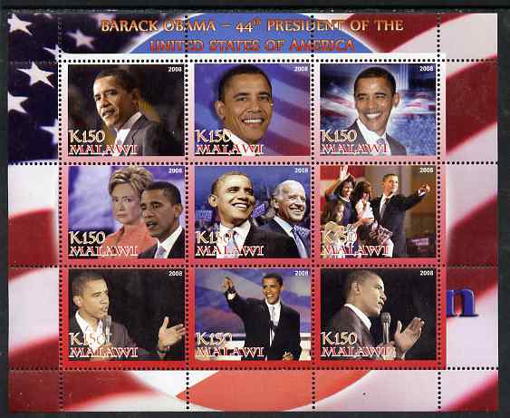 Malawi 2008 Barack Obama - 44th President of the USA perf sheetlet containing 9 values unmounted mint, stamps on , stamps on  stamps on personalities, stamps on  stamps on obama, stamps on  stamps on usa presidents, stamps on  stamps on constitutions, stamps on  stamps on americana