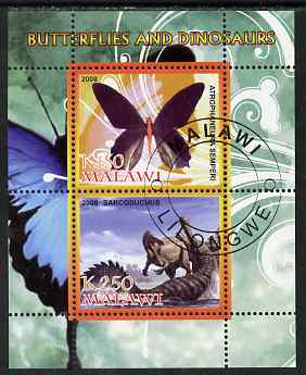 Malawi 2008 Butterflies & Dinosaurs #4 perf sheetlet containing 2 values fine cto used, stamps on , stamps on  stamps on butterflies, stamps on  stamps on dinosaurs