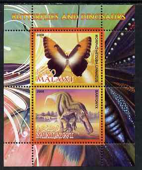 Malawi 2008 Butterflies & Dinosaurs #6 perf sheetlet containing 2 values unmounted mint, stamps on butterflies, stamps on dinosaurs