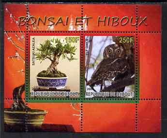 Djibouti 2008 Bonsai & Owls #2 perf sheetlet containing 2 values unmounted mint, stamps on , stamps on  stamps on flowers, stamps on  stamps on bonsai, stamps on  stamps on owls, stamps on  stamps on birds, stamps on  stamps on birds of prey